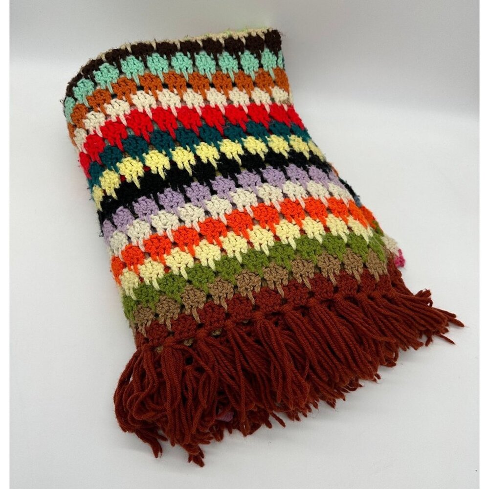 Vintage Afghan Throw Blanket Rainbow Stripes Fringe Handmade Warm Snuggly